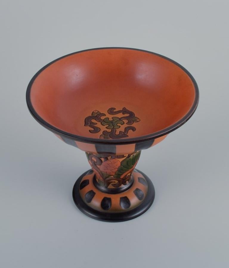 Danish Ipsens, Denmark, Art Nouveau Faience Compote, Decorated with Foliage and Flowers For Sale