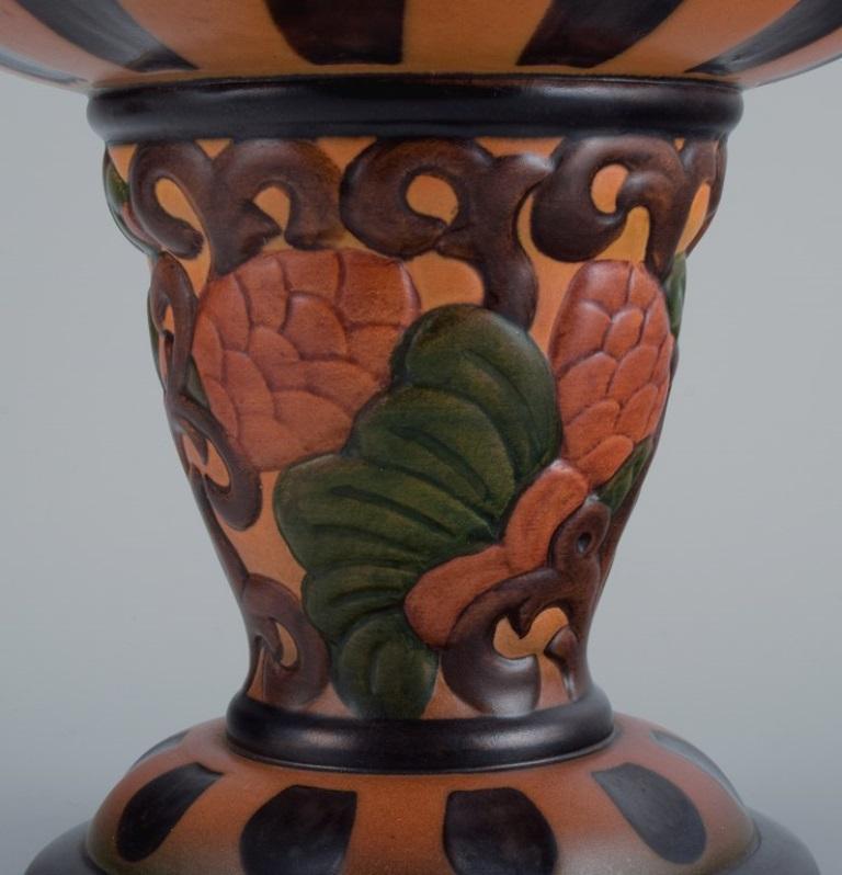 Glazed Ipsens, Denmark, Art Nouveau Faience Compote, Decorated with Foliage and Flowers For Sale