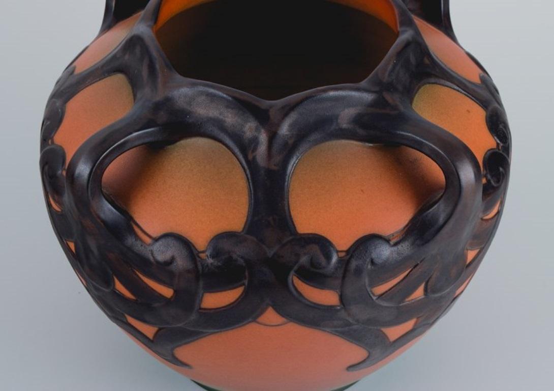 Glazed Ipsens, Denmark, Art Nouveau Vase with Glaze in Orange and Green Tones