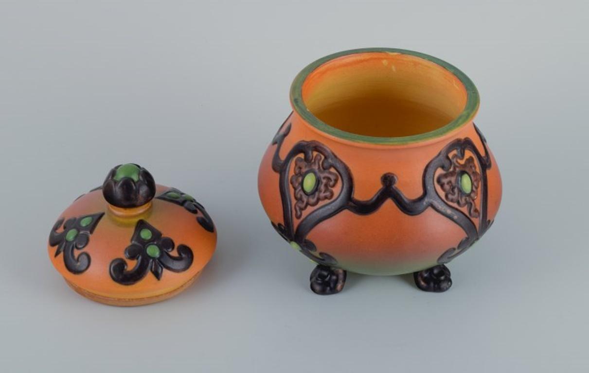 Danish Ipsens, Denmark, Beautiful Art Nouveau Jar with Glaze in Orange and Green Tones For Sale