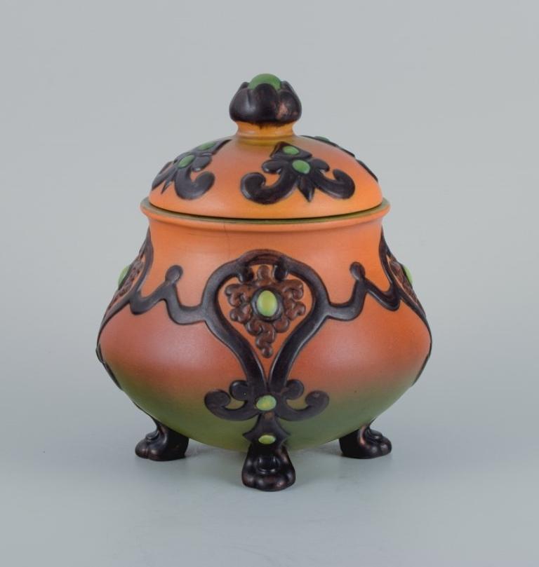 Glazed Ipsens, Denmark, Beautiful Art Nouveau Jar with Glaze in Orange and Green Tones For Sale