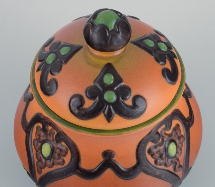 Ipsens, Denmark, Beautiful Art Nouveau Jar with Glaze in Orange and Green Tones In Excellent Condition For Sale In Copenhagen, DK