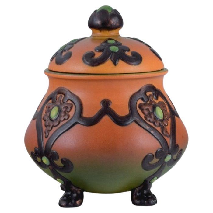 Ipsens, Denmark, Beautiful Art Nouveau Jar with Glaze in Orange and Green Tones For Sale