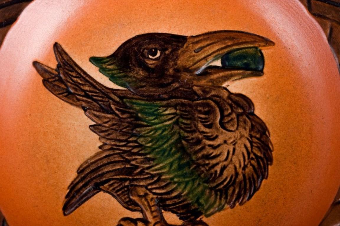 Glazed Ipsen's, Denmark, Bowl with Bird and Glaze in Shades of Orange-Green For Sale