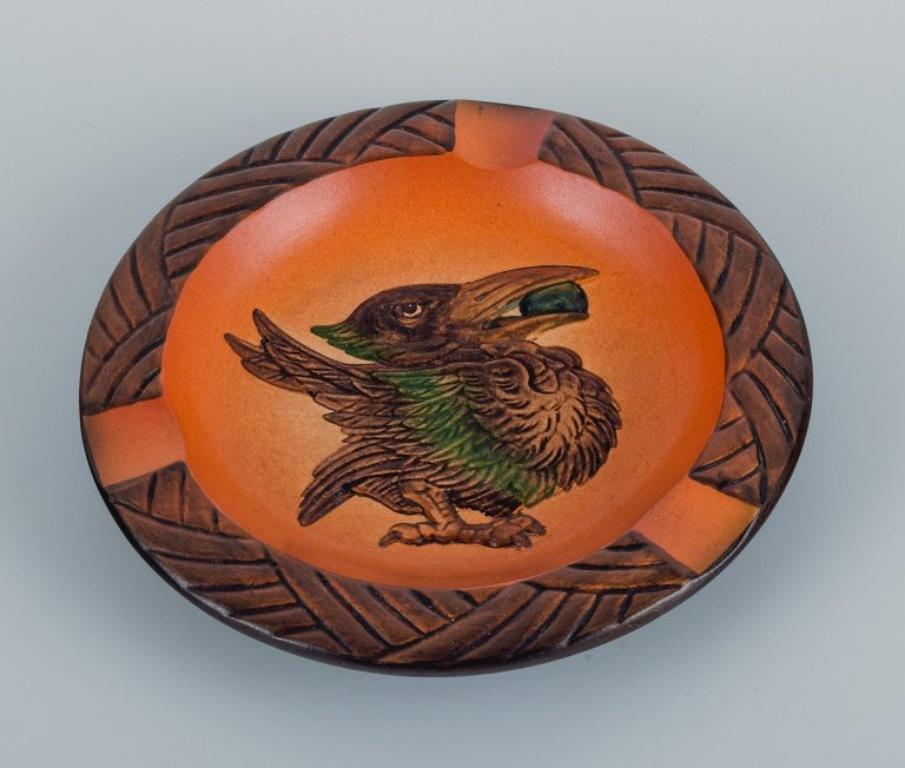 Ipsen's, Denmark, Bowl with Bird and Glaze in Shades of Orange-Green For Sale