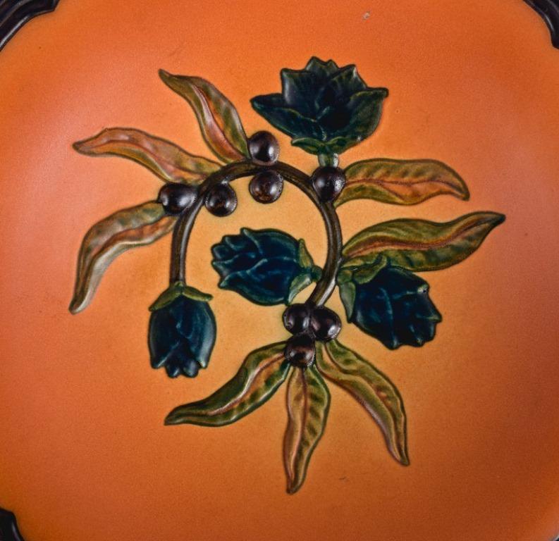 Glazed Ipsens, Denmark, Ceramic Bowl with Floral Motif. Glaze in Orange-Green Shades For Sale