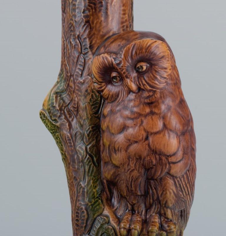 Glazed Ipsens, Denmark. Ceramic Table Lamp with Owl For Sale