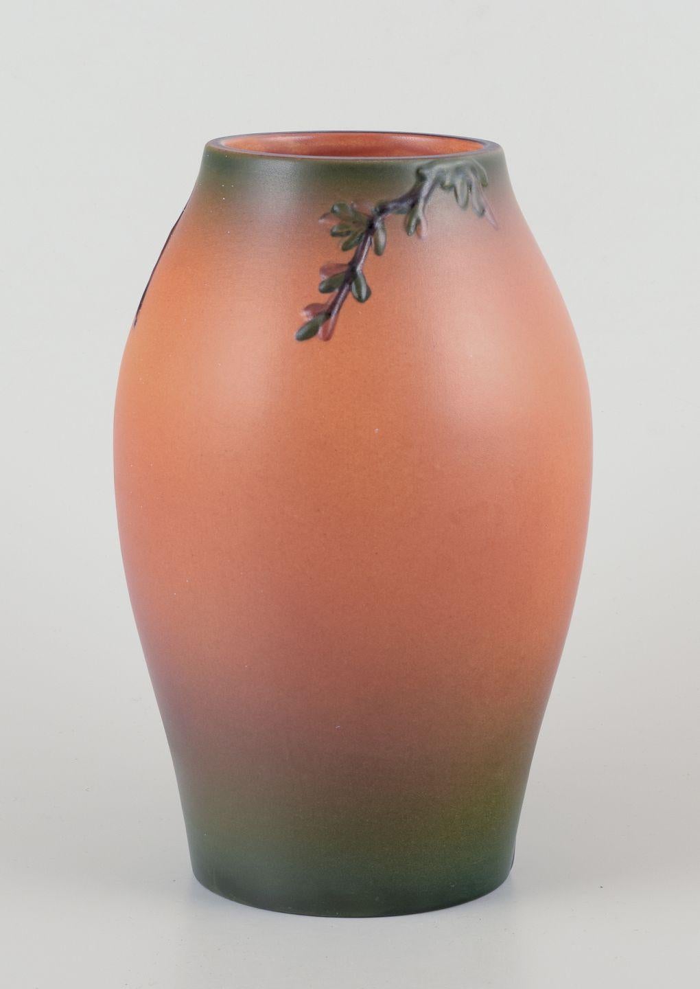 Glazed Ipsens, Denmark. Ceramic vase with motif of bird on branch. 1930s For Sale