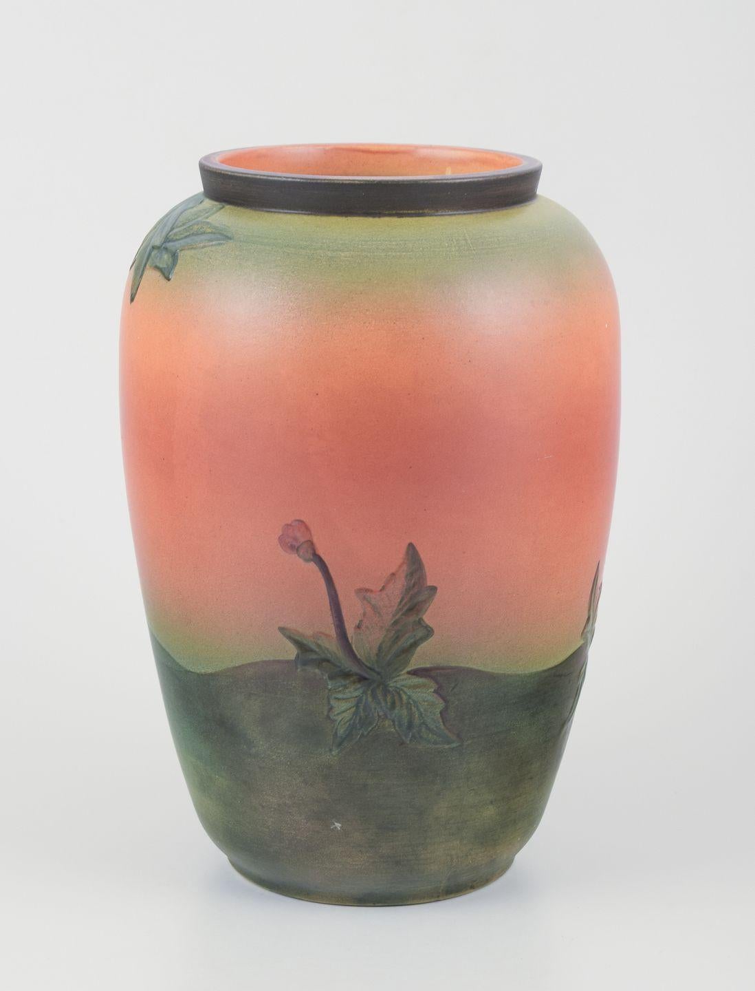 PRE-OWNED GOODS ARE EXEMPT FROM IMPORT TARIFFS FOR U.S., UK, AUSTRALIAN & CANADIAN CUSTOMERS.   
THEREFORE, NO IMPORT TARIFFS WILL BE APPLICABLE TO YOUR PURCHASE. 

Ipsens, Denmark, ceramic vase with motif of two sparrows.
Glaze in orange and green