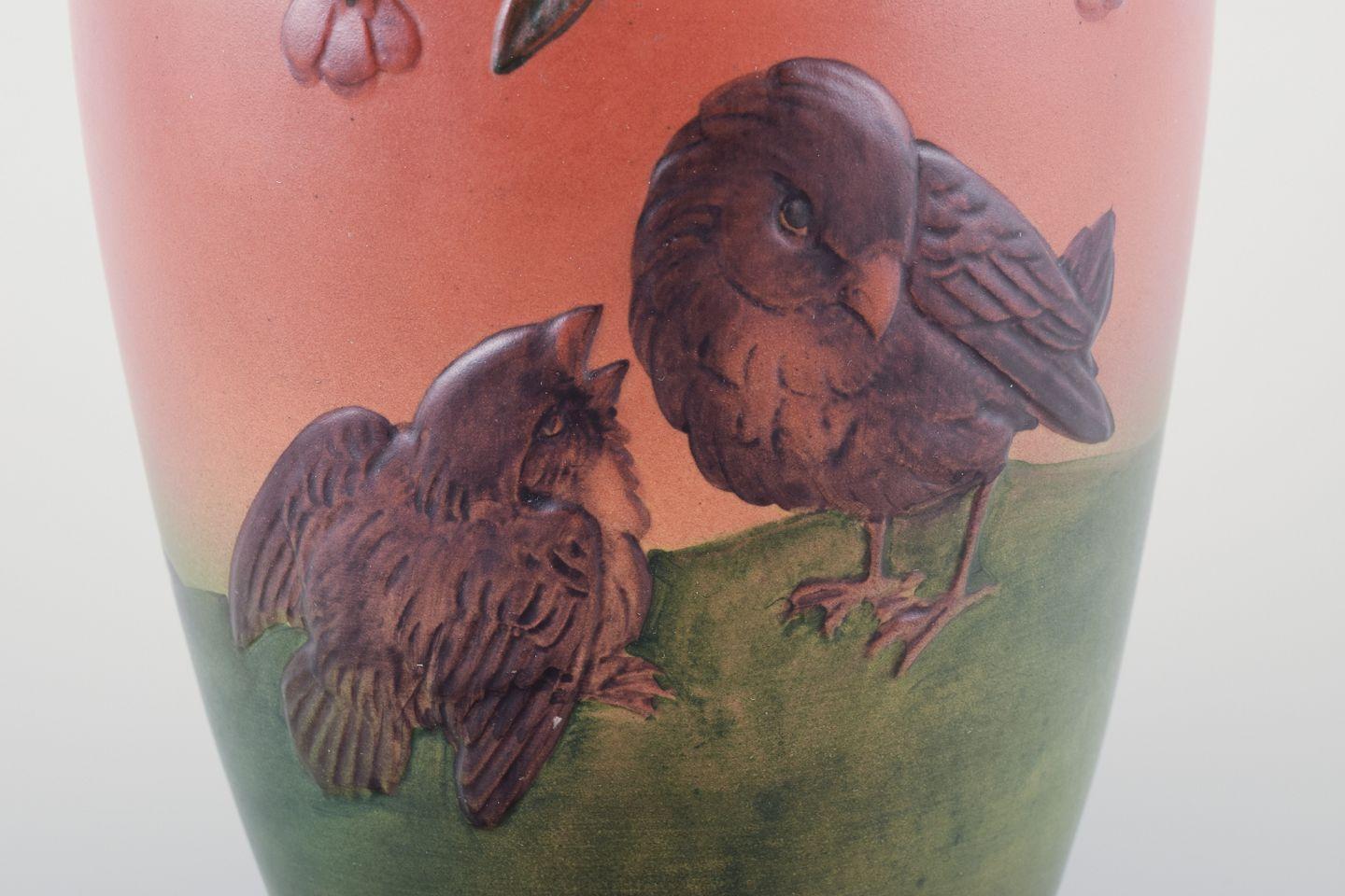 Glazed Ipsens, Denmark. Ceramic vase with motif of two sparrows. Approx. 1930s For Sale