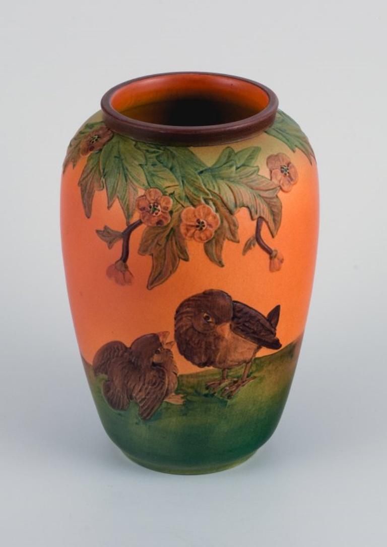 Danish Ipsens, Denmark, Ceramic Vase with Motif of Two Sparrows For Sale