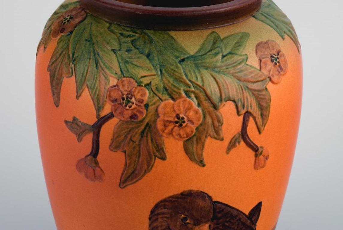 Glazed Ipsens, Denmark, Ceramic Vase with Motif of Two Sparrows For Sale