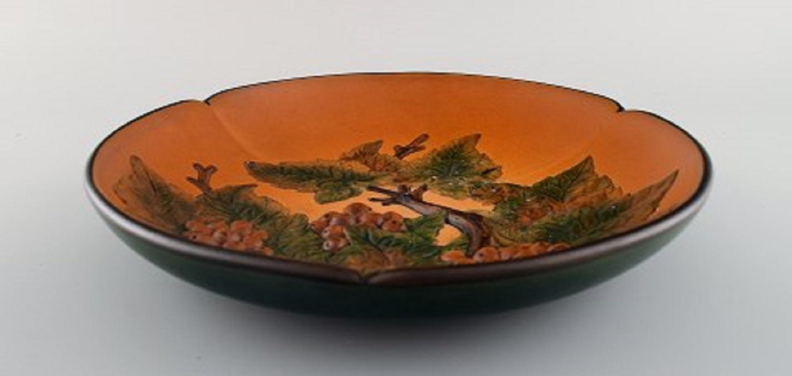 Glazed Ipsen's, Denmark, Circular Dish with Berries and Foliage, circa 1920 For Sale