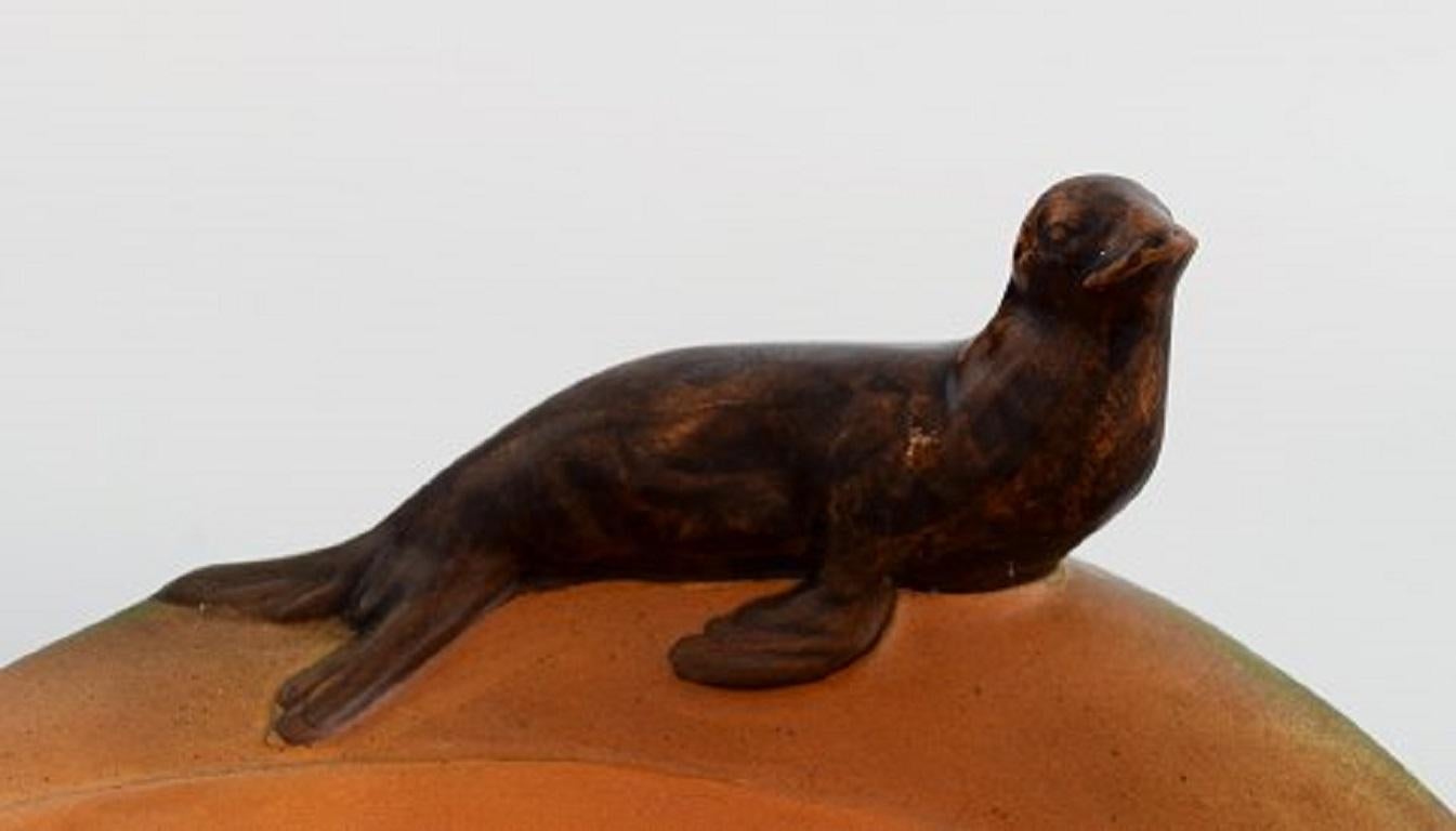 Danish Ipsen's, Denmark, Dish with Sea Lions in Hand Painted Glazed Ceramics, 1930s