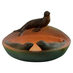 Vintage Ipsen's, Denmark, Dish with Sea Lions in Hand-Painted Glazed Ceramics, 1930's
