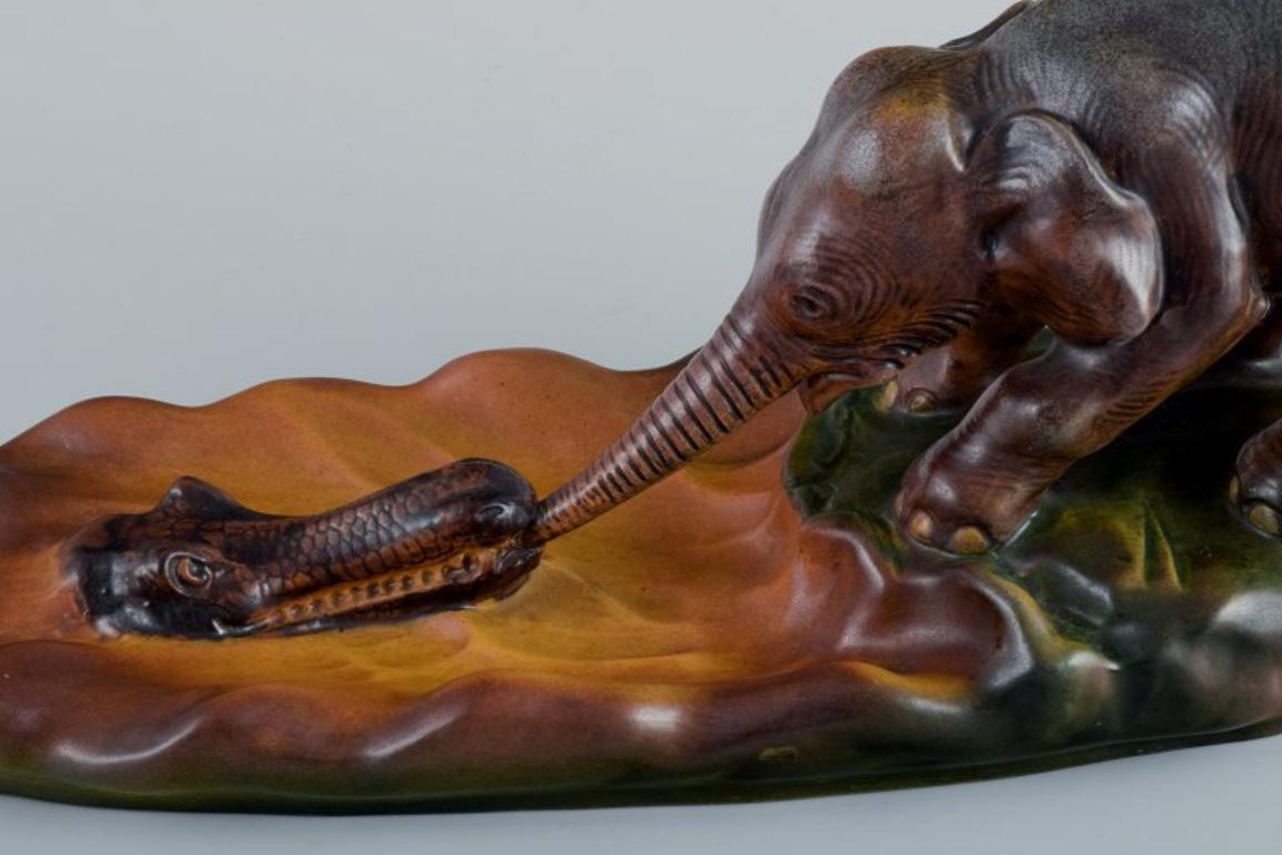 Glazed Ipsens, Denmark, Elephant and Crocodile, Ceramic Figurine Group For Sale