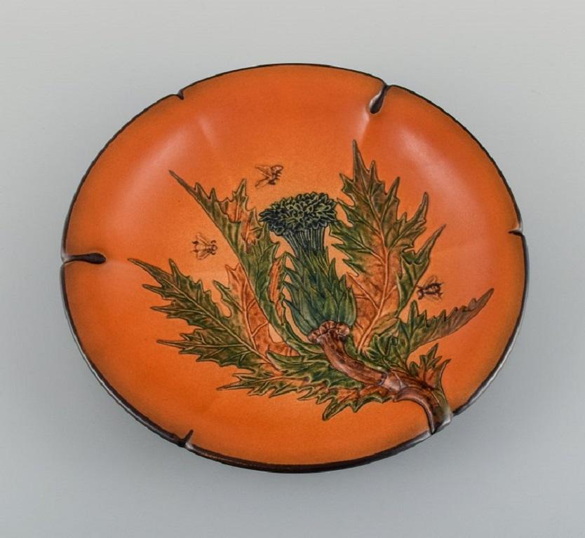 Danish Ipsens, Denmark, Hand-Painted Glazed Ceramic Dish with Flower and Bees, 1920s For Sale