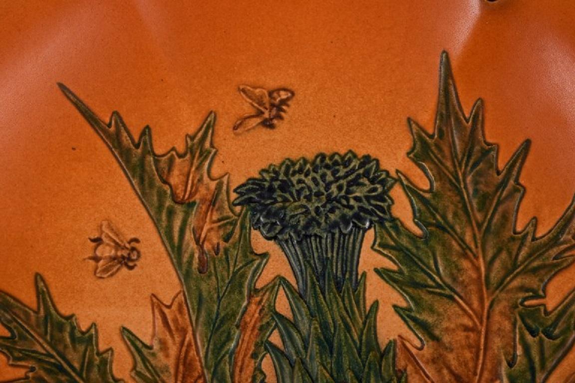Early 20th Century Ipsens, Denmark, Hand-Painted Glazed Ceramic Dish with Flower and Bees, 1920s For Sale