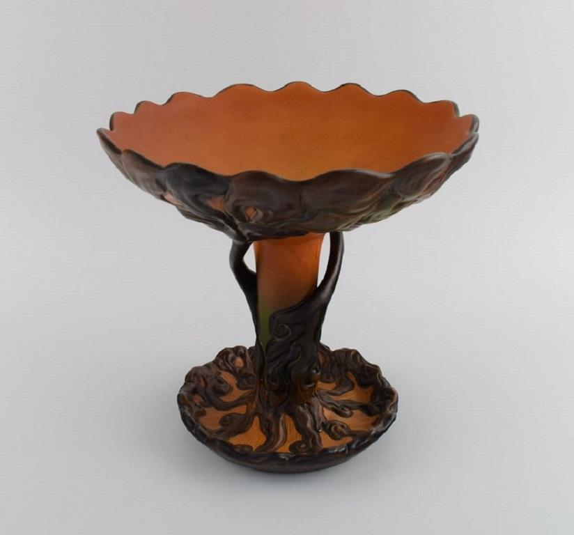 Glazed Ipsen's, Denmark, Large and Rare Art Nouveau Compote Shaped like a Tree For Sale