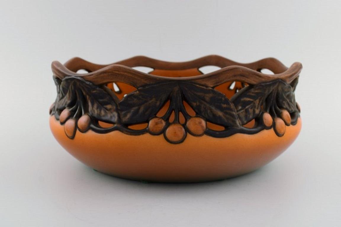 Art Nouveau Ipsen's, Denmark, Large Bowl in Openwork Ceramics, 1920s/30s For Sale