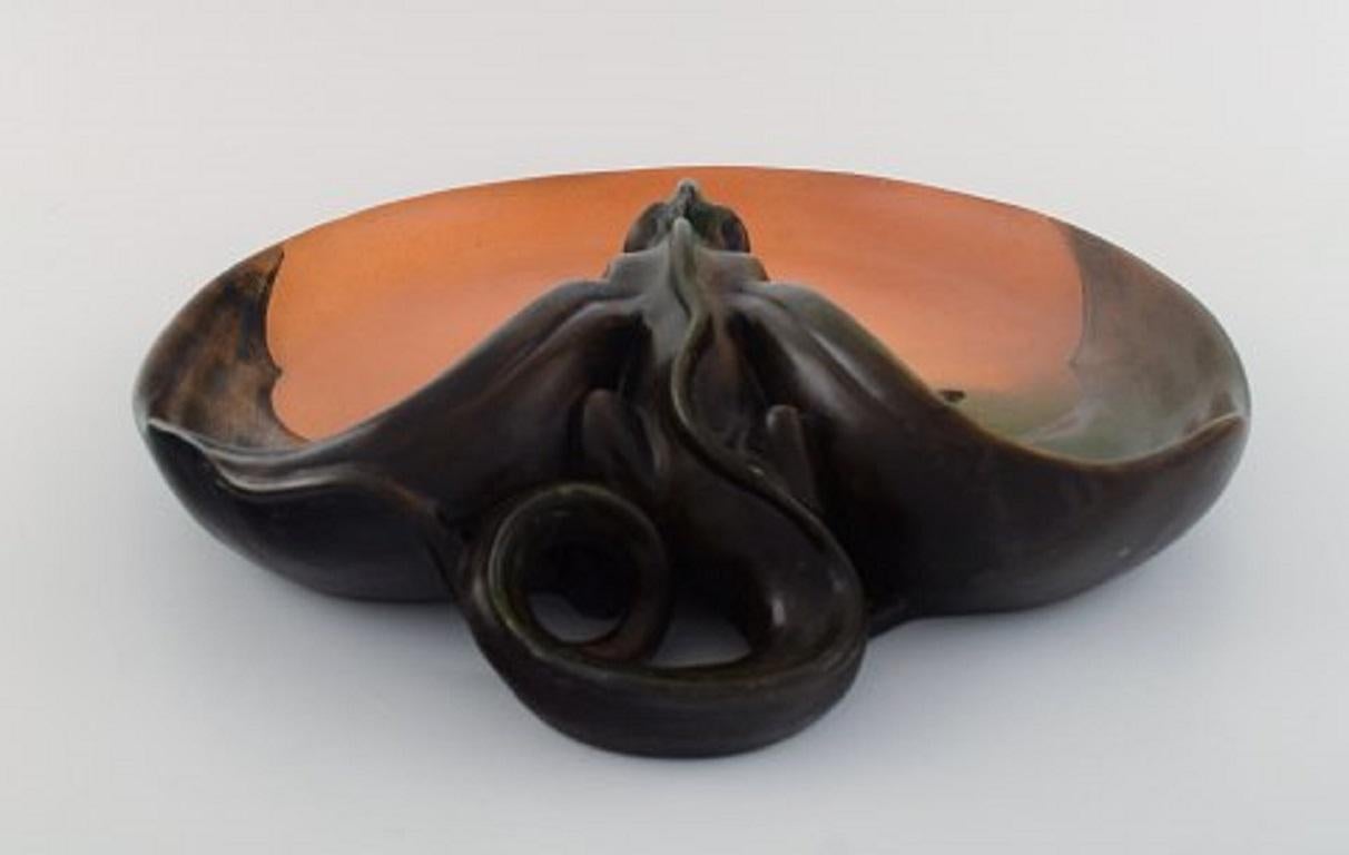 Art Nouveau Ipsen's, Denmark, Rare Dish with Dragon in Glazed Ceramics, circa 1920