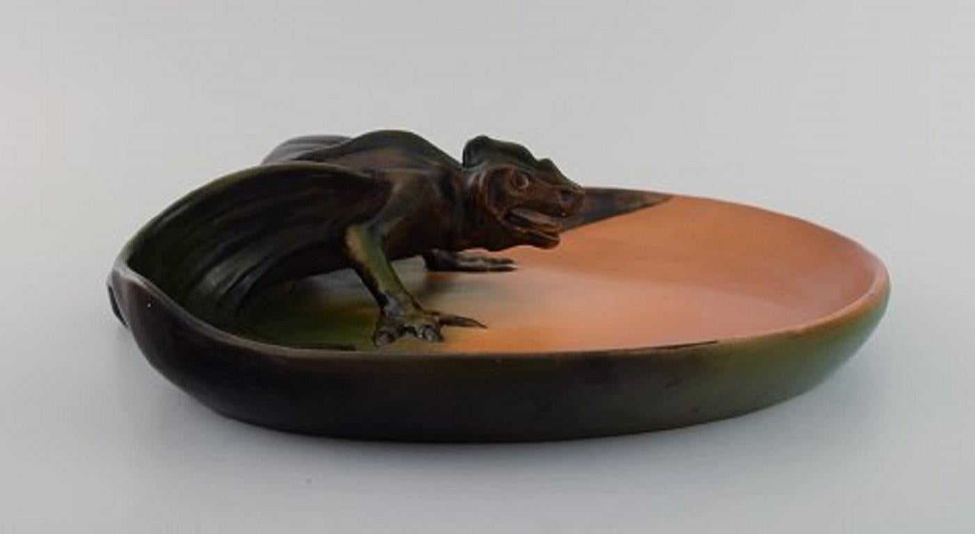 Danish Ipsen's, Denmark, Rare Dish with Dragon in Glazed Ceramics, circa 1920