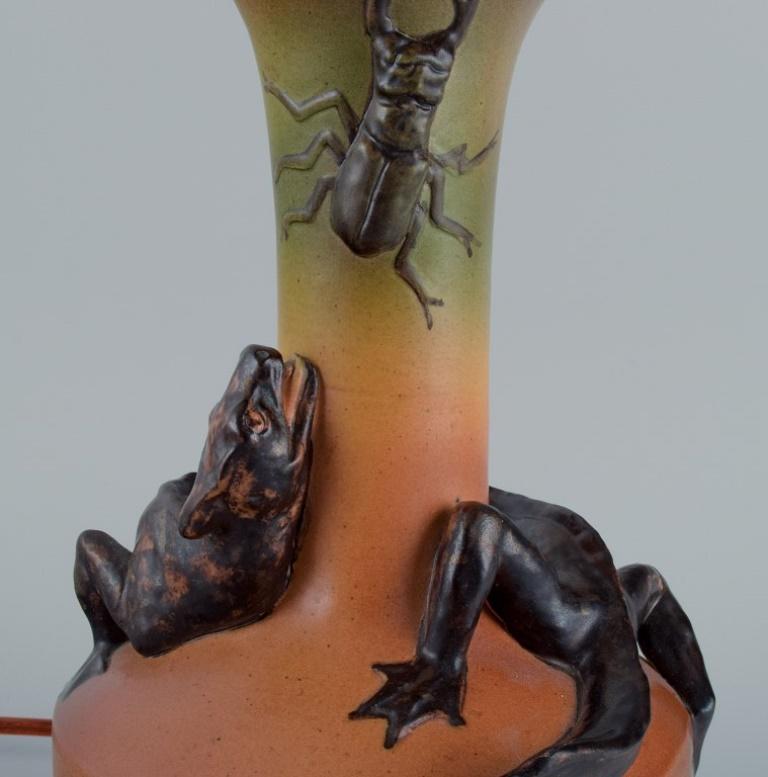 Glazed Ipsens, Denmark, Rare Table Lamp with Lizard and Beetle, 1920s/30s For Sale
