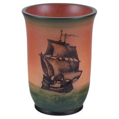 Antique Ipsen's Denmark, rare vase with a schooner motif. 1920s/30s
