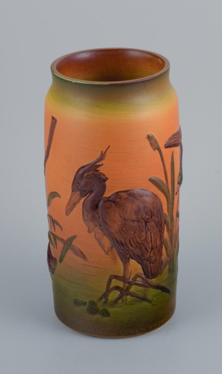 Glazed Ipsens, Denmark, Rare Vase with Flying Ducks, 1920-1930s For Sale