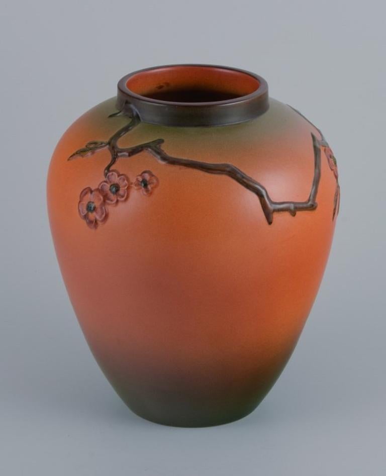 Glazed Ipsens, Denmark, Rare Vase with Motif of a Bird, 1920s-1930s