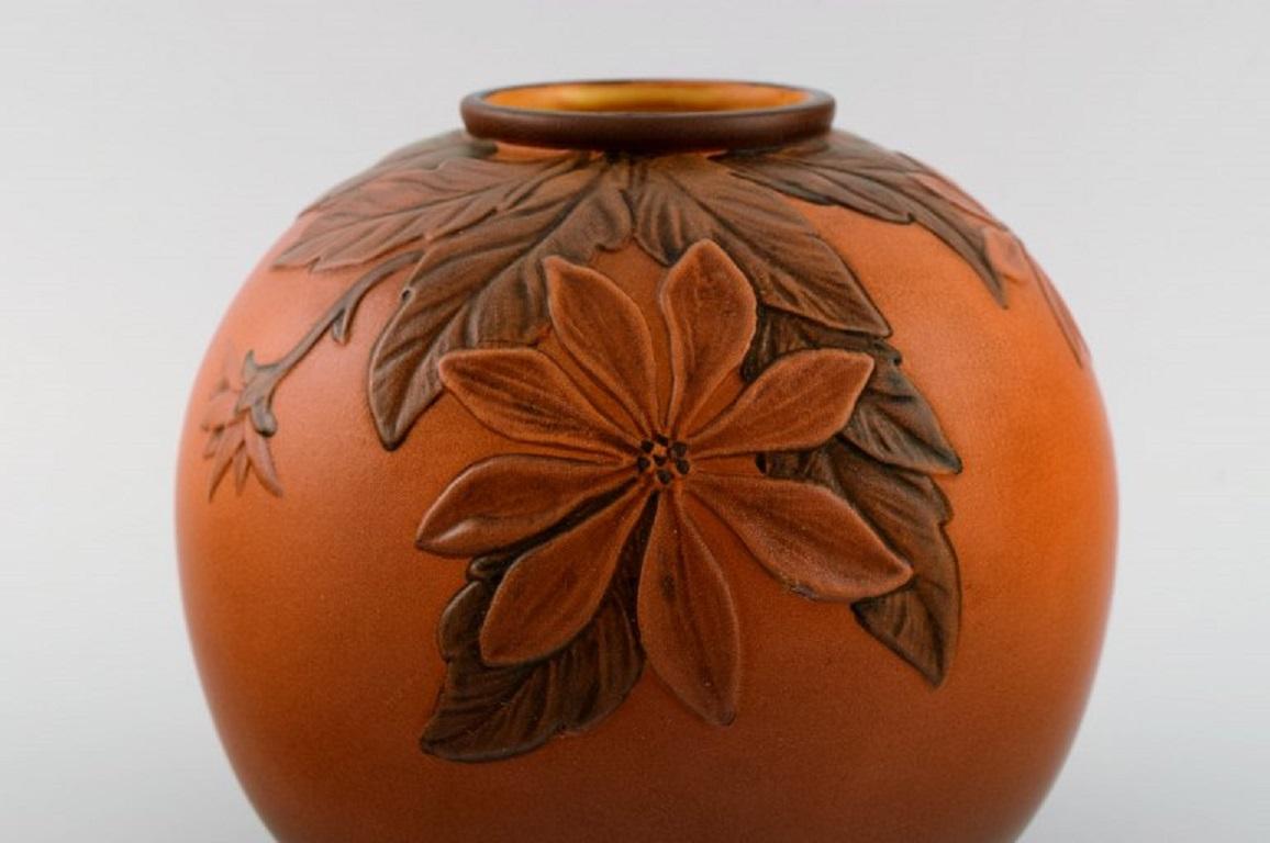 Art Nouveau Ipsen's, Denmark, Round Vase in Glazed Ceramics with Hand-Painted Foliage