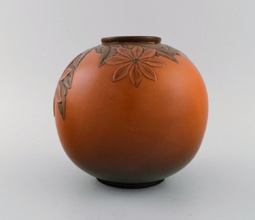 Danish Ipsen's, Denmark, Round Vase in Glazed Ceramics with Hand-Painted Foliage