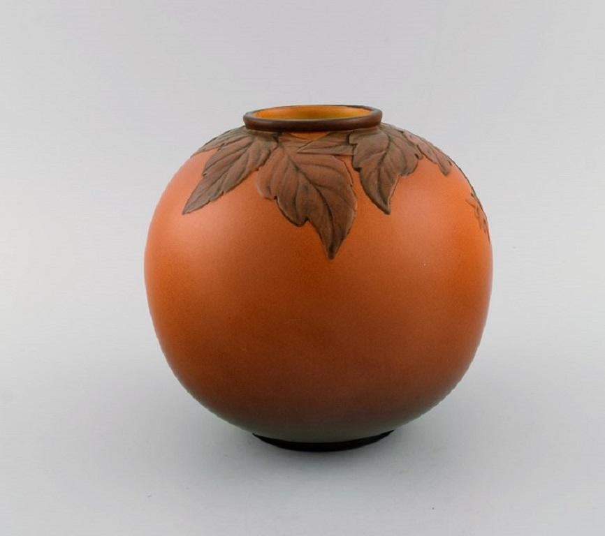 Ipsen's, Denmark, Round Vase in Glazed Ceramics with Hand-Painted Foliage In Excellent Condition In Copenhagen, DK