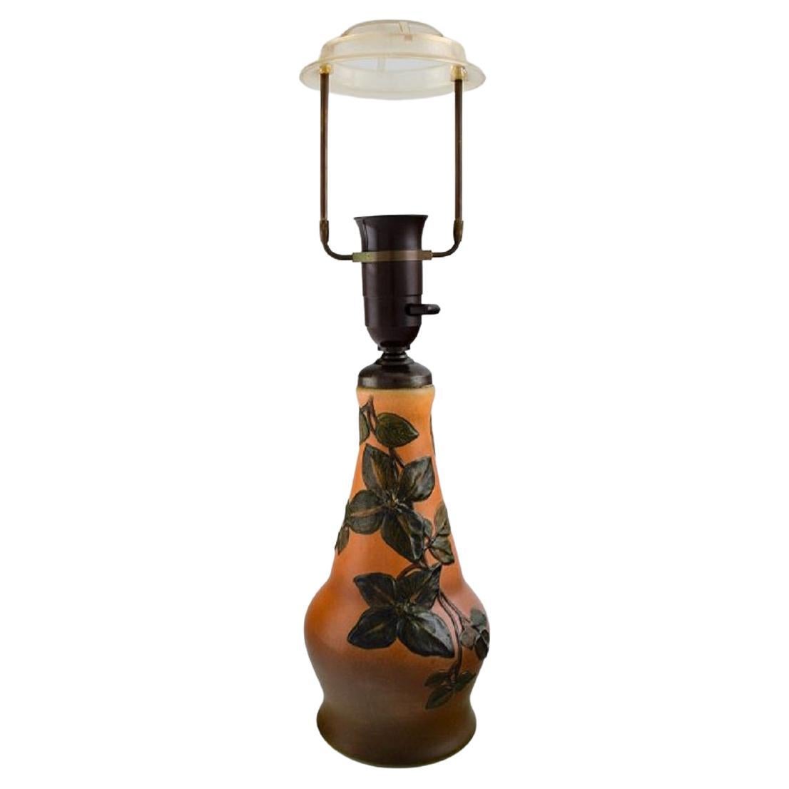 Ipsen's, Denmark, Table Lamp in Glazed Ceramics with Hand-Painted Foliage