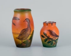 Antique Ipsen's, Denmark, Two Small Ceramic Vases with Glaze in Orange-Green Shades