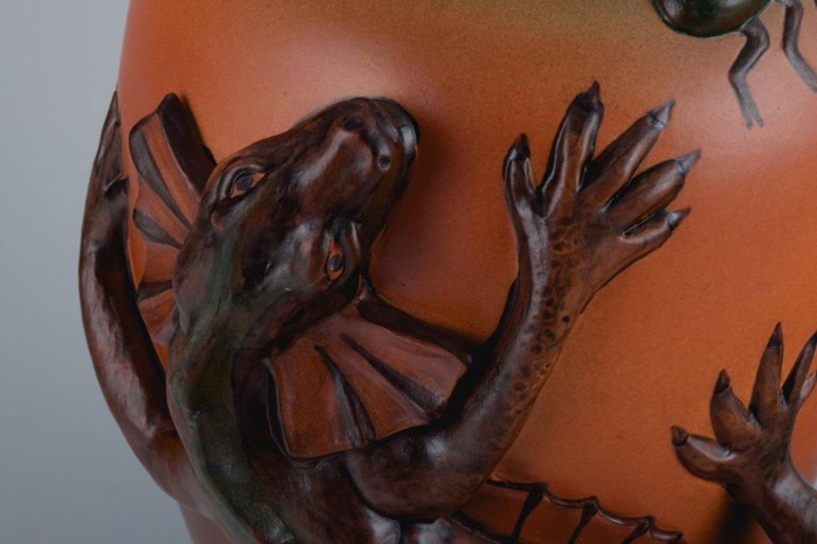 Danish Ipsens, Denmark. Vase in glazed ceramic with lizard and beetle. For Sale