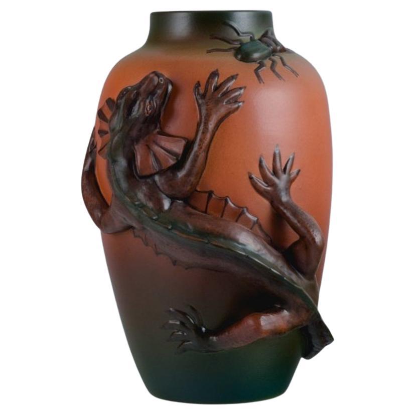 Ipsens, Denmark. Vase in glazed ceramic with lizard and beetle. For Sale