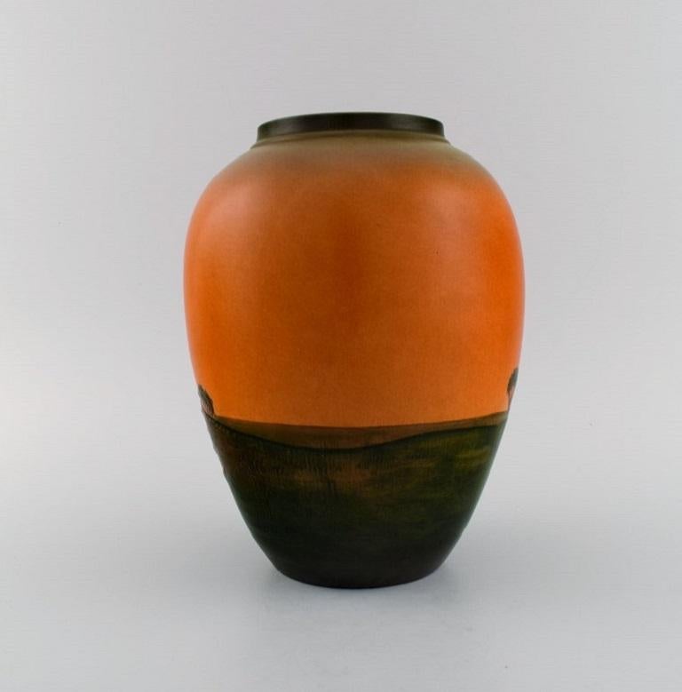 Danish Ipsen's, Denmark, Vase in Glazed Ceramics, Hand-Painted Landscape, 1920s/30s For Sale