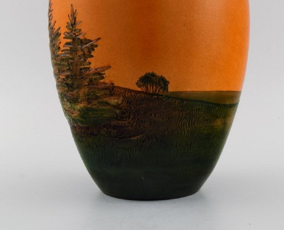 Early 20th Century Ipsen's, Denmark, Vase in Glazed Ceramics, Hand-Painted Landscape, 1920s/30s For Sale