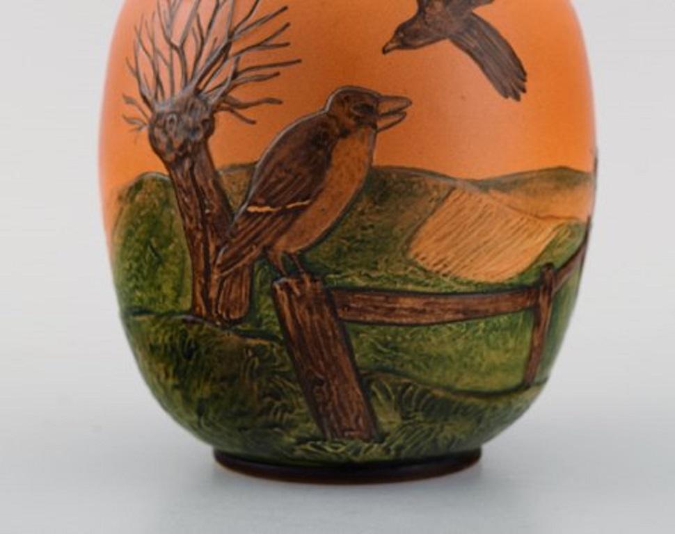 Art Deco Ipsen's, Denmark, Vase in Hand-Painted Glazed Ceramics, Landscape with Birds