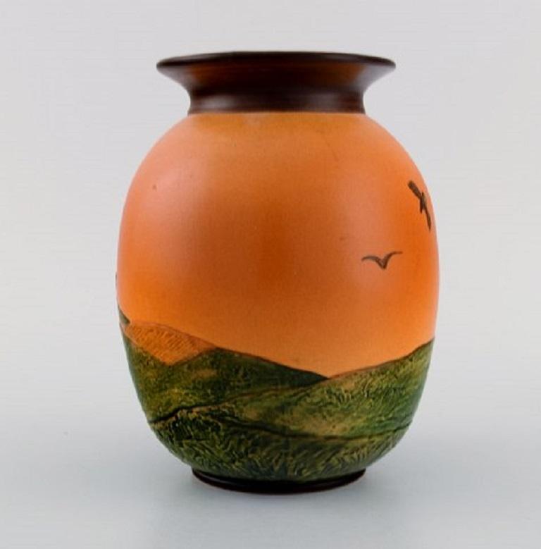 Danish Ipsen's, Denmark, Vase in Hand-Painted Glazed Ceramics, Landscape with Birds