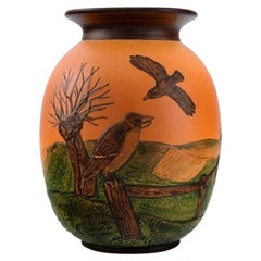 Ipsen's, Denmark, Vase in Hand-Painted Glazed Ceramics, Landscape with Birds