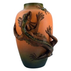 Ipsen's, Denmark, Vase in Hand Painted Glazed Ceramics with Lizard and Beetle