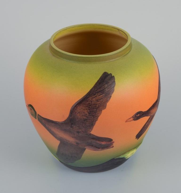 Danish Ipsens, Denmark, Vase with Ducks, Glaze in Orange and Green Tones