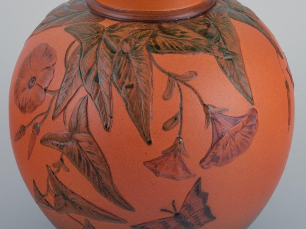 Glazed Ipsens, Denmark, Vase with Flowers and Butterfly For Sale