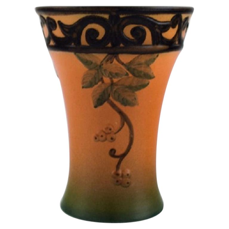 Ipsen's, Denmark, Vase with Foliage in Hand Painted Glazed Ceramics, circa 1920