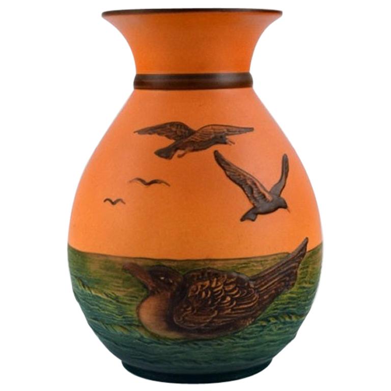 Ipsen's, Denmark, Vase with Seagulls in Hand Painted Glazed Ceramics