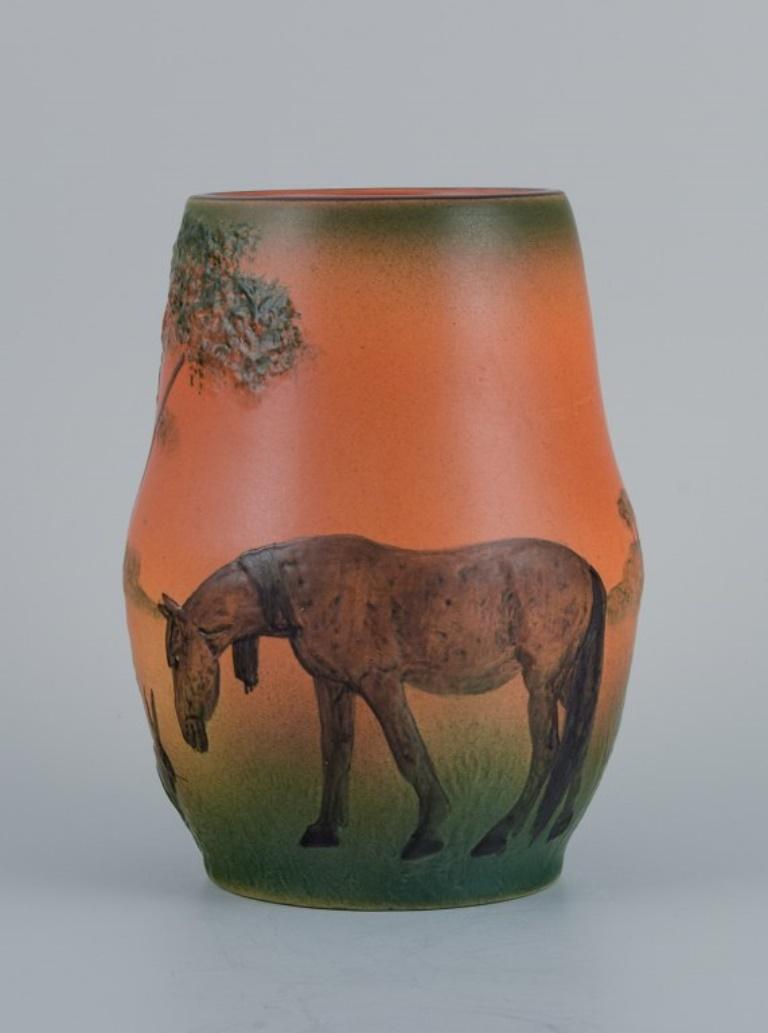 Ipsens Enke, vase with horse and hare.
Design J. Resen Steenstrup 1909.
Marked.
In perfect condition.
Dimensions: H 18.0 x D 12.0 cm.