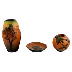 Ipsen's Widow, Denmark, Two Vases and a Small Dish in Hand Painted Ceramics