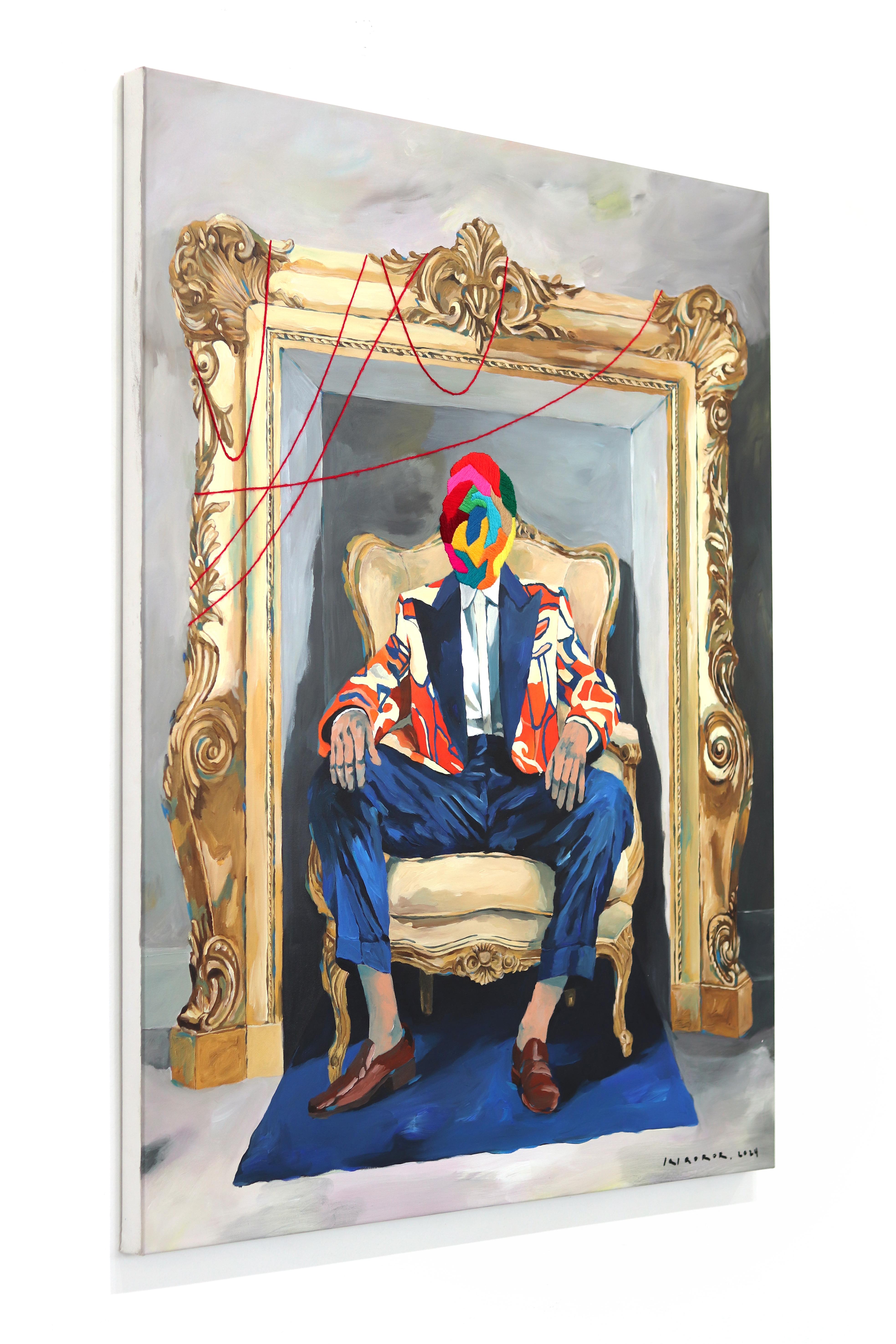 A Figure In A Flamme – Original figuratives surrealistisches Porträtgemälde (Beige), Figurative Painting, von Iqi Qoror